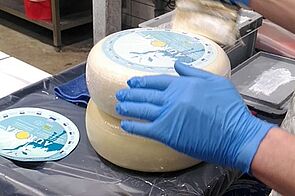Handwerk und moderne Technik vereint, oben: Coating und Labeling von Hand, unten: Roboter Cäser packt Käselaibe in Regale.