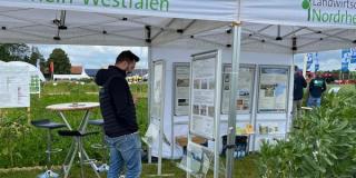 Ein Besucher vor einem Poster auf den Feldtagen.